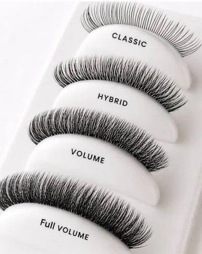 Comparison of classic, hybrid, volume, and full volume lash extension strips side by side